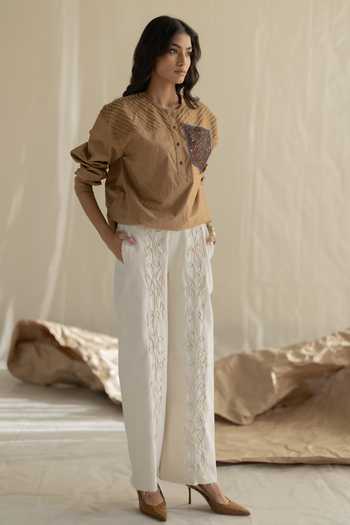 Pooja-Keyur_Beige Cotton Round Neck Top _at_Aza_Fashions
