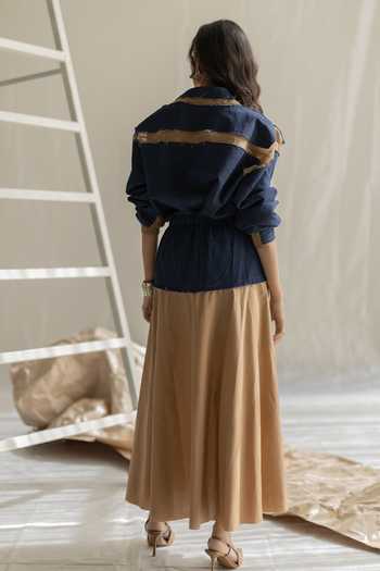 Shop_Pooja-Keyur_Beige Cotton, Denim Two Patch Bias Skirt _at_Aza_Fashions