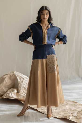 Buy_Pooja-Keyur_Beige Cotton, Denim Two Patch Bias Skirt _at_Aza_Fashions