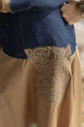 Pooja-Keyur_Beige Cotton, Denim Two Patch Bias Skirt _Online_at_Aza_Fashions