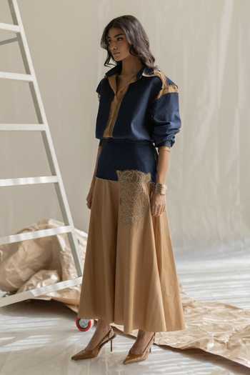 Buy_Pooja-Keyur_Beige Cotton, Denim Two Patch Bias Skirt _Online_at_Aza_Fashions