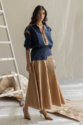 Shop_Pooja-Keyur_Beige Cotton, Denim Two Patch Bias Skirt _Online_at_Aza_Fashions