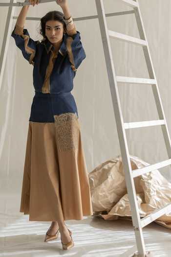 Pooja-Keyur_Beige Cotton, Denim Two Patch Bias Skirt _at_Aza_Fashions