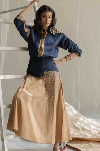 Buy_Pooja-Keyur_Beige Cotton, Denim Two Patch Bias Skirt 