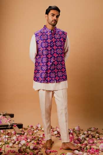 Buy_Ria Shah Label_Purple Dupion, Silk Printed Bundi And Kurta Set _Online_at_Aza_Fashions
