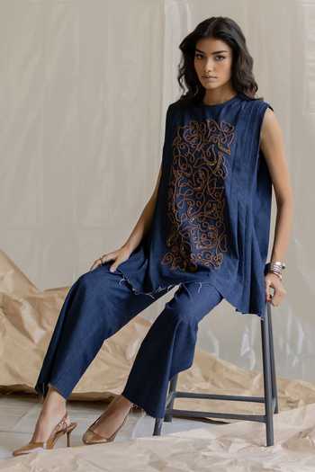 Buy_Pooja-Keyur_Blue Denim Crew Neck Embroidered Pleated Top And Pant Set _at_Aza_Fashions