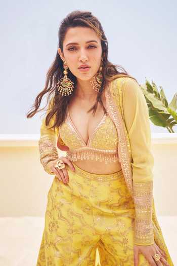 Buy_Gopi Vaid_Yellow Tussar Plunge Neck, Myraaz Embroidered Jacket Palazzo Set _Online_at_Aza_Fashions
