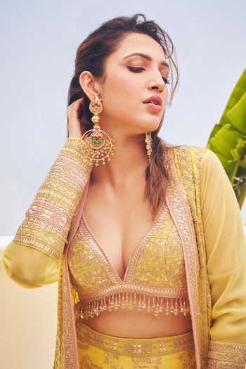 Gopi Vaid_Yellow Tussar Plunge Neck, Myraaz Embroidered Jacket Palazzo Set _at_Aza_Fashions