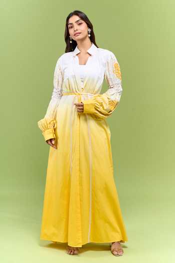 Buy_Shivani Awasty_Yellow Cotton Mandarin Collar Embroidered Sleeve Open Jacket _at_Aza_Fashions