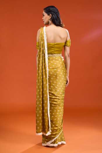 Shop_Esha Koul_Green Silk, Cotton Off-shoulder Floral Print Pre-draped Saree With Blouse _at_Aza_Fashions