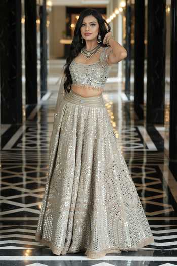 Buy_Archana Kochhar_Beige Silk, Net, Organza Square Neck Ainna Ecru Mirror Work Lehenga Set _Online_at_Aza_Fashions