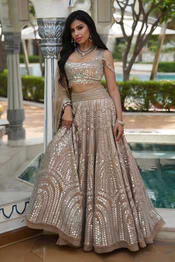 Buy_Archana Kochhar_Beige Silk, Net, Organza Square Neck Ainna Ecru Mirror Work Lehenga Set _Online