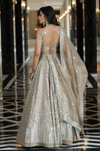 Archana Kochhar_Beige Silk, Net, Organza Square Neck Ainna Ecru Mirror Work Lehenga Set _Online_at_Aza_Fashions