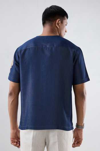Shop_Raw & Rustic By Niti Bothra_Navy Tencel, Denim Patchwork Dark Blue Artisanal T-shirt _at_Aza_Fashions