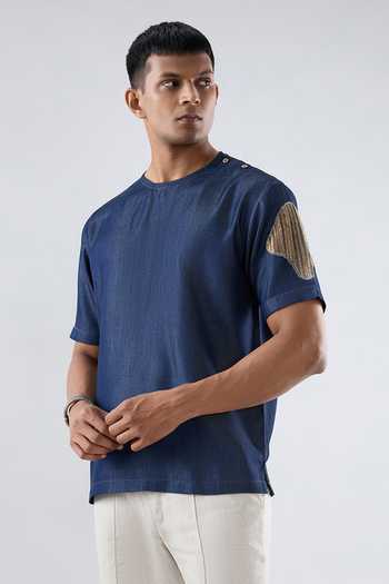 Buy_Raw & Rustic By Niti Bothra_Navy Tencel, Denim Patchwork Dark Blue Artisanal T-shirt _at_Aza_Fashions