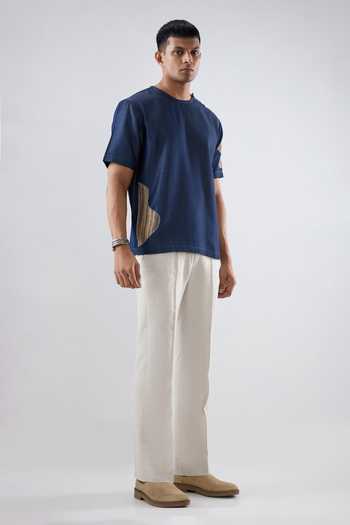 Raw & Rustic By Niti Bothra_Navy Tencel, Denim Patchwork Dark Blue Artisanal T-shirt _Online_at_Aza_Fashions
