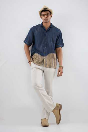 Shop_Raw & Rustic By Niti Bothra_Navy Tencel, Denim Patchwork Dark Blue Urban Shirt _at_Aza_Fashions