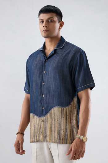 Shop_Raw & Rustic By Niti Bothra_Navy Tencel, Denim Patchwork Dark Blue Urban Shirt _Online_at_Aza_Fashions