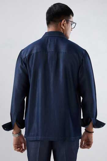 Shop_Raw & Rustic By Niti Bothra_Navy Tencel, Denim Patchwork, Embroidery Dark Blue Artisanal Kantha Shacket _at_Aza_Fashions
