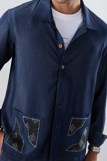 Shop_Raw & Rustic By Niti Bothra_Navy Tencel, Denim Patchwork, Embroidery Dark Blue Artisanal Kantha Shacket _Online_at_Aza_Fashions
