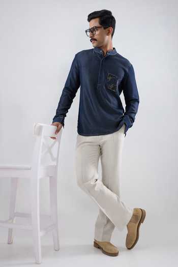 Shop_Raw & Rustic By Niti Bothra_Navy Tencel Embroidery, Patchwork Dark Blue Denim Kantha Pocket Kurta Shirt _at_Aza_Fashions