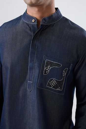 Raw & Rustic By Niti Bothra_Navy Tencel Embroidery, Patchwork Dark Blue Denim Kantha Pocket Kurta Shirt _Online_at_Aza_Fashions