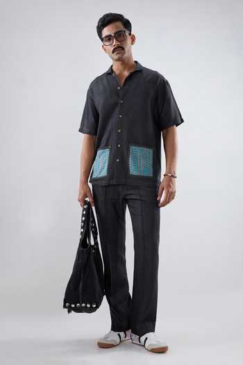 Buy_Raw & Rustic By Niti Bothra_Black Tencel, Denim Patchwork Pocket Shirt _at_Aza_Fashions