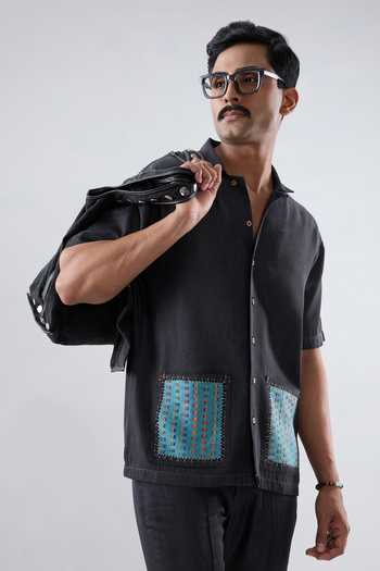 Buy_Raw & Rustic By Niti Bothra_Black Tencel, Denim Patchwork Pocket Shirt _Online_at_Aza_Fashions
