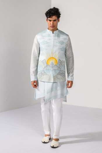Buy_Kalpana Naik_Sky Blue Satin, Bemberg, Silk Embroidery, Stones Sunrise Peaks Nehru Kurta Set 