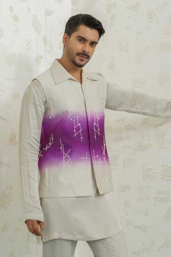 Buy_Runit Gupta_Purple Chanderi Silk Embroidery Ombre Geomtry Bundi 