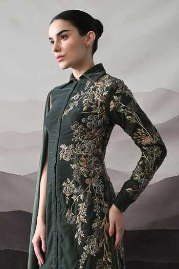 Samant Chauhan_Green Silk, Cotton Embroidery Collared Neck Gown _Online_at_Aza_Fashions
