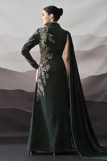Shop_Samant Chauhan_Green Silk, Cotton Embroidery Collared Neck Gown _at_Aza_Fashions