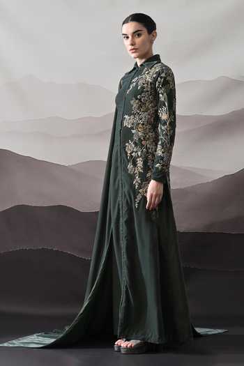 Buy_Samant Chauhan_Green Silk, Cotton Embroidery Collared Neck Gown _Online_at_Aza_Fashions