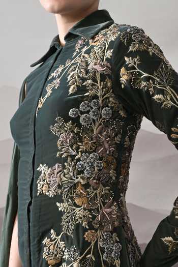 Shop_Samant Chauhan_Green Silk, Cotton Embroidery Collared Neck Gown _Online_at_Aza_Fashions