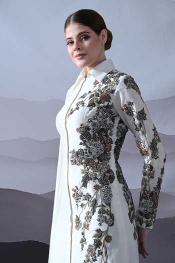 Samant Chauhan_Ivory Silk, Cotton Embroidery, Beads Collared Neck Hand Asymmetric Gown _Online_at_Aza_Fashions
