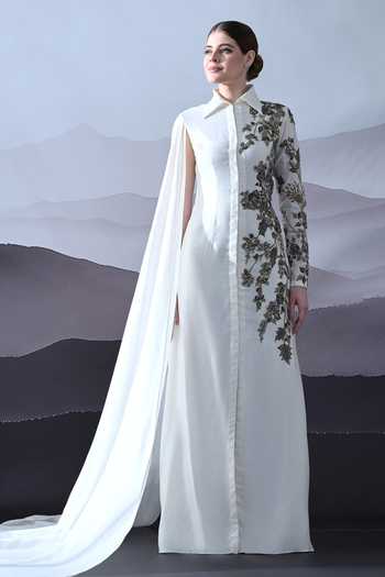 Buy_Samant Chauhan_Ivory Silk, Cotton Embroidery, Beads Collared Neck Hand Asymmetric Gown _at_Aza_Fashions