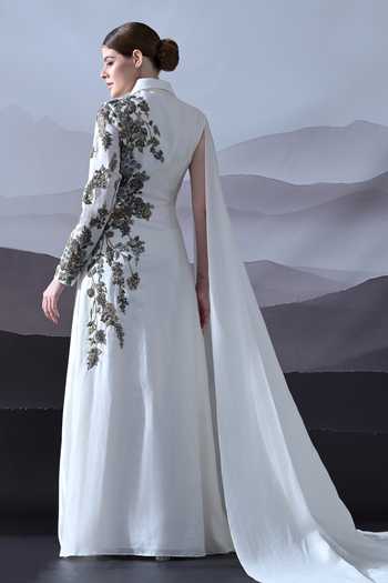 Shop_Samant Chauhan_Ivory Silk, Cotton Embroidery, Beads Collared Neck Hand Asymmetric Gown _at_Aza_Fashions