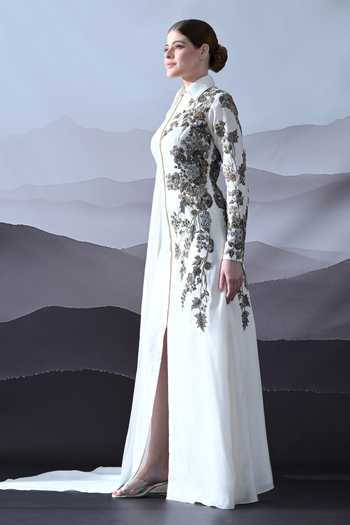 Buy_Samant Chauhan_Ivory Silk, Cotton Embroidery, Beads Collared Neck Hand Asymmetric Gown _Online_at_Aza_Fashions