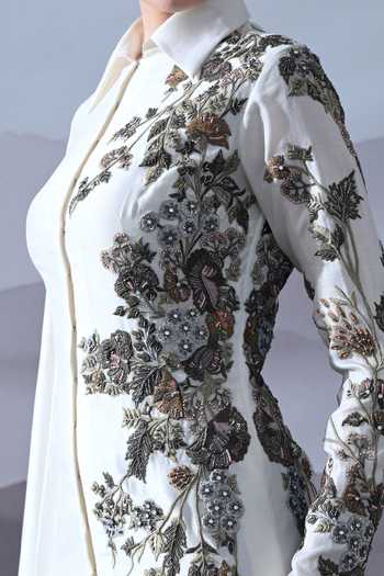 Shop_Samant Chauhan_Ivory Silk, Cotton Embroidery, Beads Collared Neck Hand Asymmetric Gown _Online_at_Aza_Fashions
