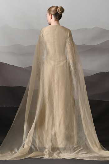 Shop_Samant Chauhan_Peach Silk, Cotton, Organza Embroidery, Stones V-neck Floral Gown _at_Aza_Fashions