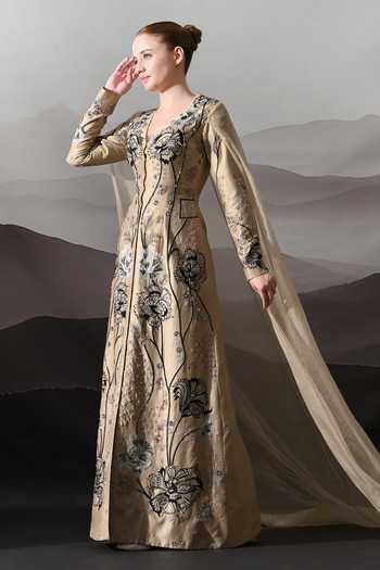 Samant Chauhan_Peach Silk, Cotton, Organza Embroidery, Stones V-neck Floral Gown _Online_at_Aza_Fashions