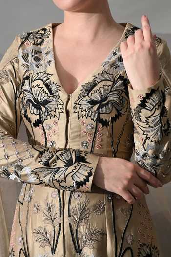 Buy_Samant Chauhan_Peach Silk, Cotton, Organza Embroidery, Stones V-neck Floral Gown _Online_at_Aza_Fashions