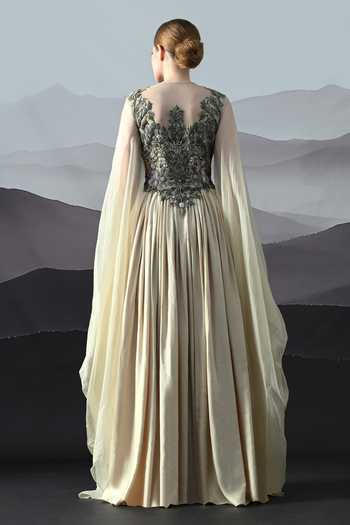 Shop_Samant Chauhan_Beige Silk, Cotton, Organza Embroidery Round Neck And Gown _at_Aza_Fashions