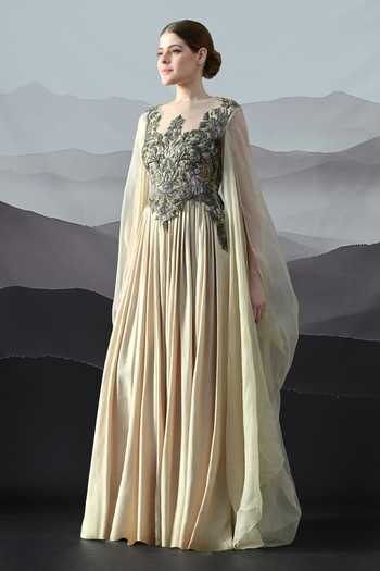 Buy_Samant Chauhan_Beige Silk, Cotton, Organza Embroidery Round Neck And Gown _Online_at_Aza_Fashions