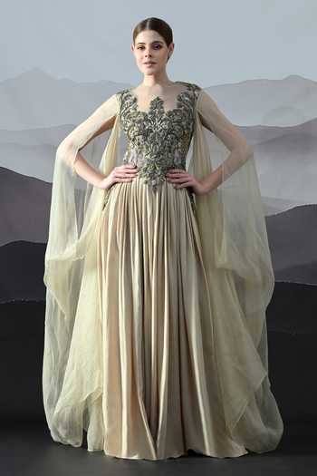 Buy_Samant Chauhan_Beige Silk, Cotton, Organza Embroidery Round Neck And Gown _at_Aza_Fashions