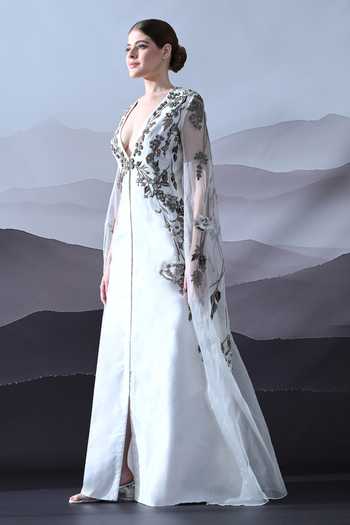 Samant Chauhan_Ivory Silk, Cotton, Organza Embroidery V-, Plunge Gown _Online_at_Aza_Fashions