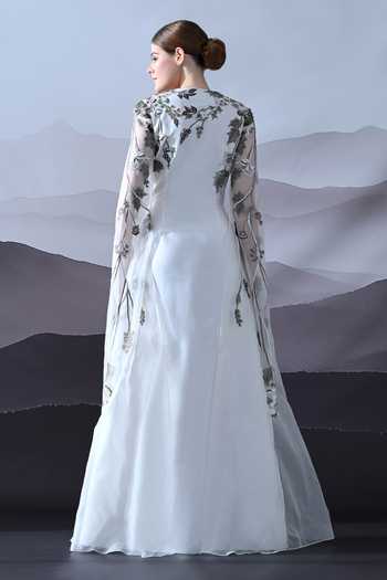 Shop_Samant Chauhan_Ivory Silk, Cotton, Organza Embroidery V-, Plunge Gown _at_Aza_Fashions