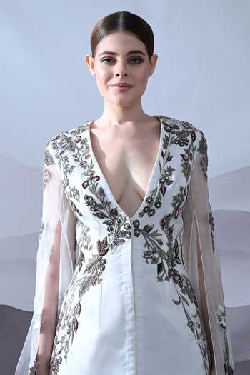 Buy_Samant Chauhan_Ivory Silk, Cotton, Organza Embroidery V-, Plunge Gown _Online_at_Aza_Fashions