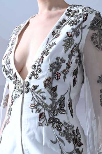 Shop_Samant Chauhan_Ivory Silk, Cotton, Organza Embroidery V-, Plunge Gown _Online_at_Aza_Fashions