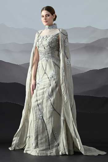 Samant Chauhan_Grey Linen Embroidery Choker Neck Tonal Gown _Online_at_Aza_Fashions